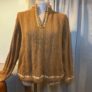 Brown Knit Sweater with White Accents